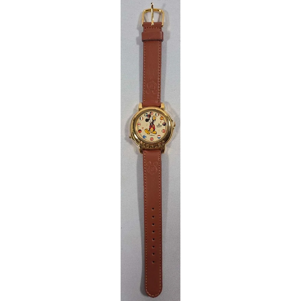 Lorus Mickey Mouse Quartz Vintage 1990s Watch Brown Leather Gold Case 32-36mm